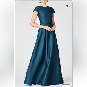 new Sachin and Babi Blythe Box Pleat Belt Gown in bottle green teal blue